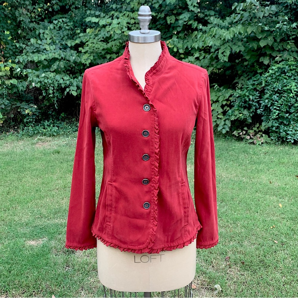 Ruffle Trim Button-Up Jacket with Pockets